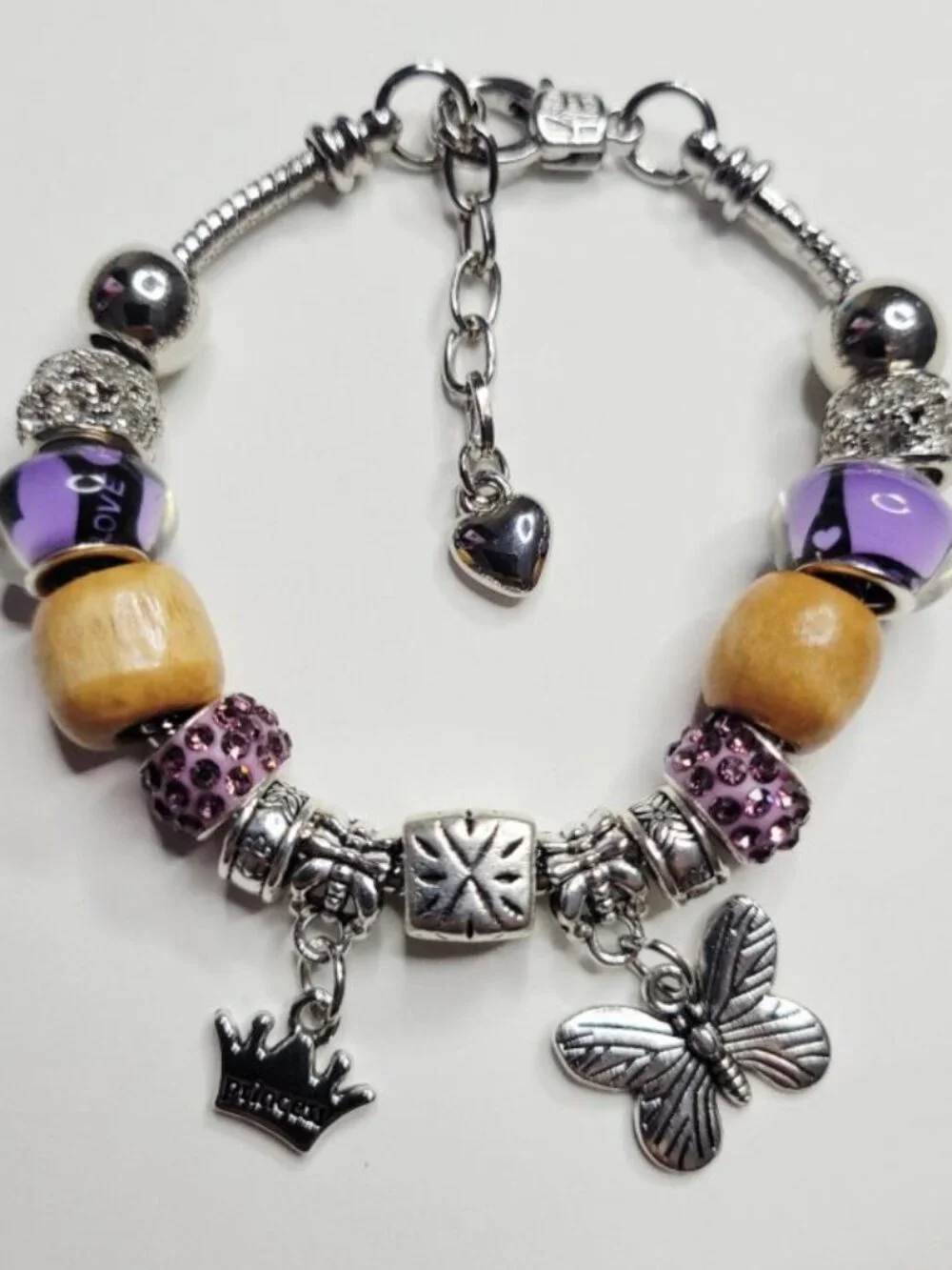 NWT Crown Princess Pandora Style Charm Bracelet Purple Rhinestones Wood Beads